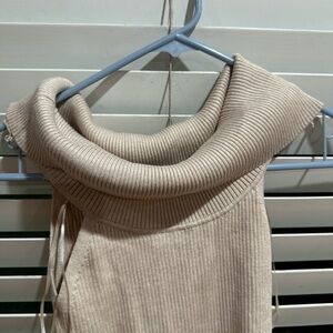 Pink Rose Ribbed Cowl Neck Sweater - Beige